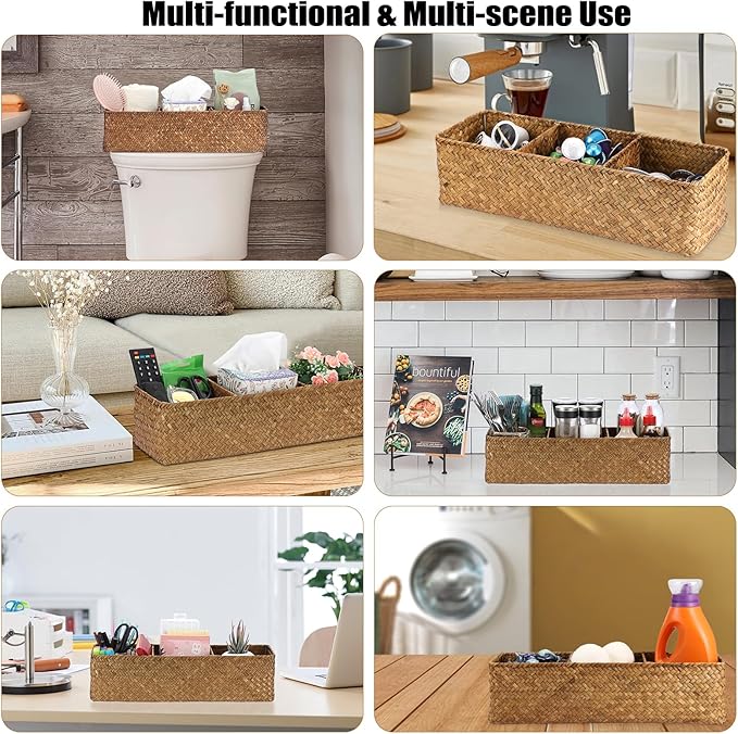 Seagrass Shelf Basket with Dividers, Rectangular Woven Storage Baskets for Organizing, Decorative Wicker Narrow Basket Tray with 3 Sections for Shelves, Toilet Tank, Bathroom Counter