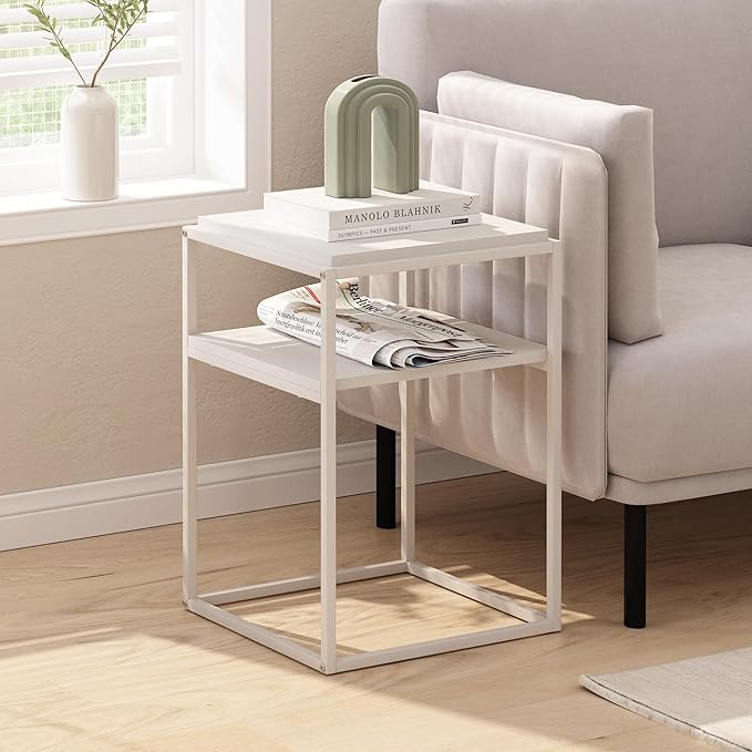 Furinno Moretti Side Table, 2-Tier Stackable Metal Frame End Table with Open Shelf, Night Stand, Bedside Table, Toolless Assembly, for Living Room, Bedroom, Solid White