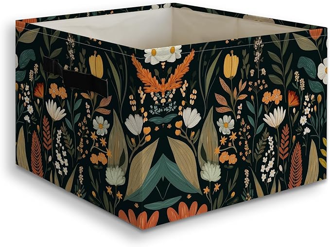 Boho Moody Wildflower Basket Foldable Storage Bins Box with Handles, Vintage Art Deco Maximalist Floral Botanical Collapsible Organizer Basket for Bedroom Bathroom Clothes Toys Books