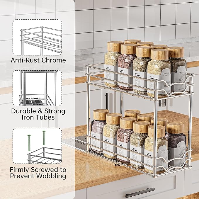 Pull Out Spice Rack Organizer for Inside Cabinet, 2 Tier Slide Out Spice Organization for Cabinet, Chrome Vertical Sliding Seasoning Organizer, 4.9'' Wx10.4'' Dx9.5'' H