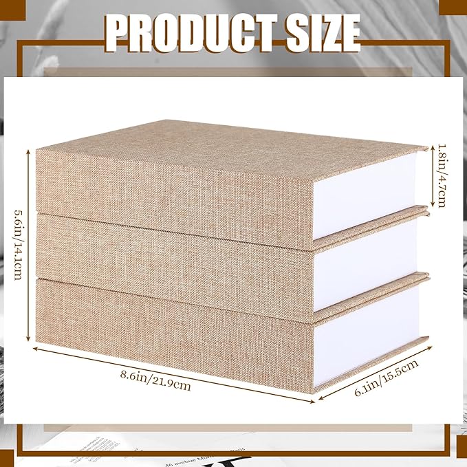 Tioncy 3 Pcs Fake Book Box Neutral Linen Book Box Decorative Faux Prop Storage for Farmhouse Home Decor shelf Table Card Photo DIY Keepsake Gift(8.6 x 6.1 x 1.8 Inch,Khaki)