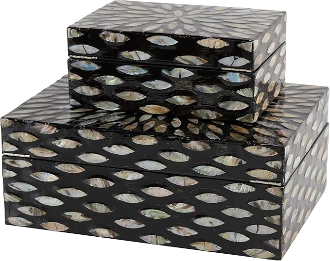 Deco 79 Mother of Pearl Shell Decorative Box Geometric Floral Decorative Keepsake Boxes with Beige Accents, Set of 2 Storage Boxes 12", 8"W, Black