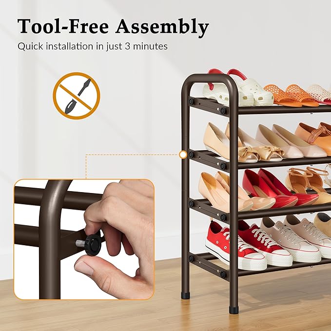 2 Tier Shoe Organizer, Shoe Rack for Closet, 28“ Metal Shelf Can Expandable to 42“, for Bedroom, Entryway, Closet, Garage, Adjustable to 12 Pairs Shoes, Rustic Brown