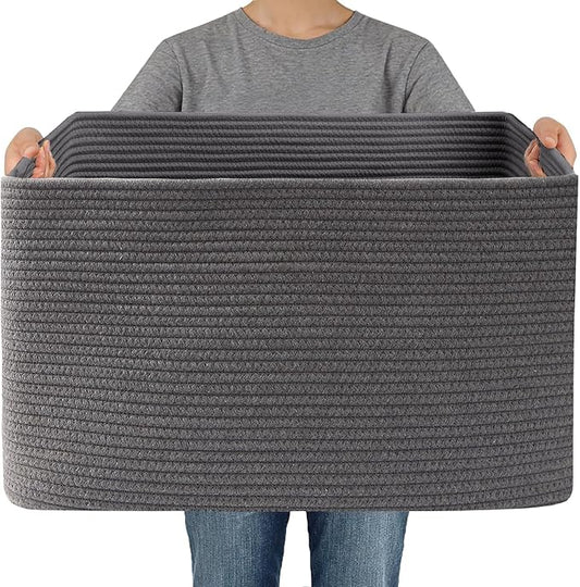 Woven Blanket Basket,65L Large Storage Bin for Blankets Toys Clothes,Decorative Rope Basket for Living Room Bedroom with Handles, Grey
