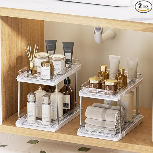 Delamu 2-Tier Bathroom Under Sink Organizers and Storage, Pull Out Cabinet Drawers with Anti-Slip Design & Two Sizes, Multi-Purpose Storage for Kitchen, Pantry, Bathroom & Home Organization, 2 Pack