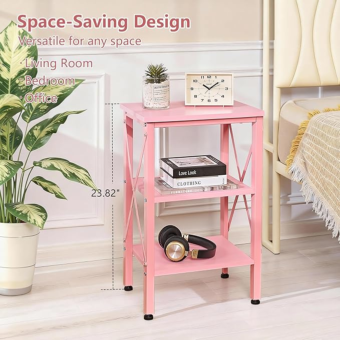 VECELO End Table, 24" Tall Living Room Side Tables, X-Design Reinforced Bedside Table, Nightstands with 3-Tier Storage Shelves for Small Spaces, Office, Bathroom, Bedroom, Pink, 1 Pack
