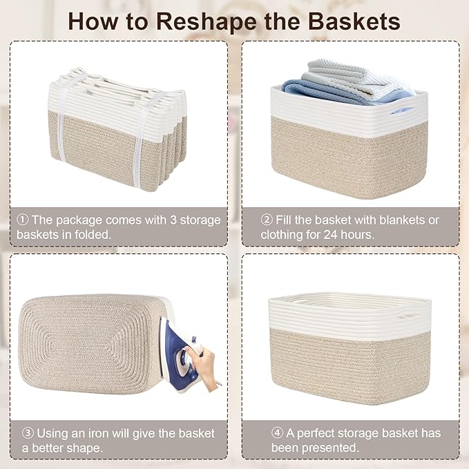 Baskets for Organizing,Storage Baskets,3 Pack Baskets for Shelfves,15"×10"×9" Woven Basket,toy storage bins,bins for organization