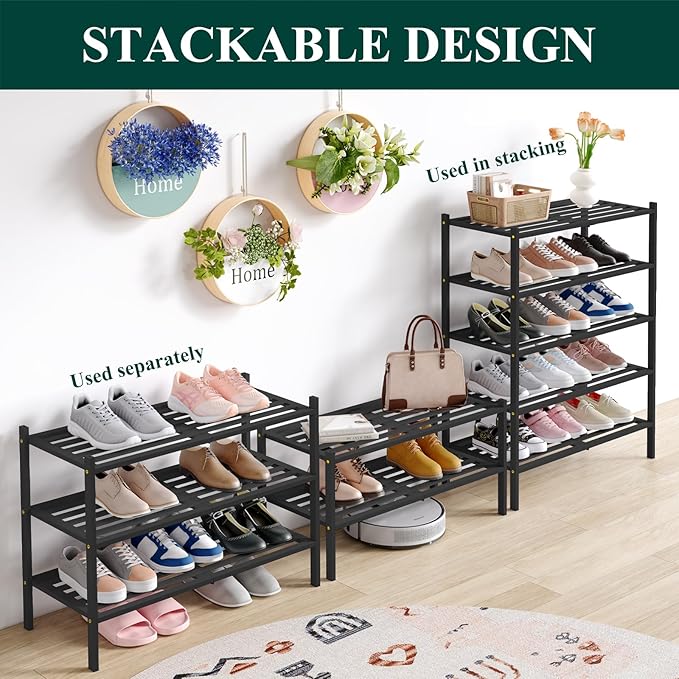 Smiry Bamboo Shoe Rack 4-Tier, Stackable Wooden Shoe Organizer for Entryway & Closet, Free Standing Wood Shoe Storage Shelf for Front Door & Small Spaces, Black