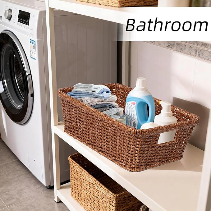 Wicker Storage Basket Water-resistant:Storage Basket with Built-in Handles,Rectangle Basket for Shelf, Brown, 2-Pack