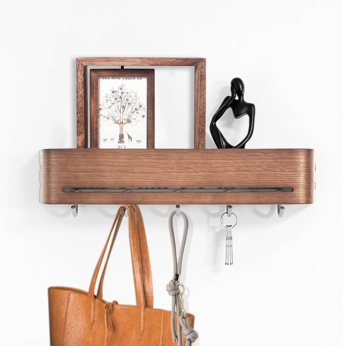 Modern Key Holder Wall Mount with 5 Retractable Hidden Hooks,Heavy Duty Coat Rack Wall Mount,Finland-Designed Entryway Organizer,17 inch,for Entryway, Living Room, Kitchen, Hallway,Oak,Walnut Finish