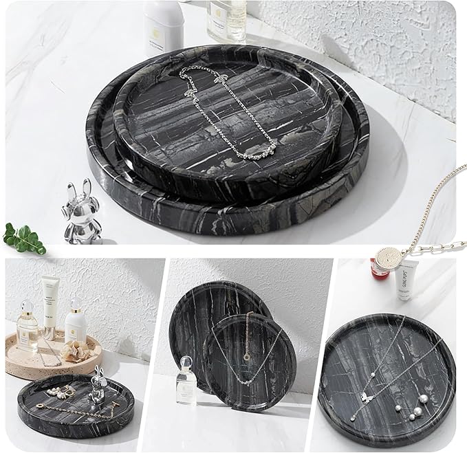 Natural Marble Tray, Round Black Tray for Bedroom/Bathroom/Kitchen/Vanity Countertop, Jewelry Tray for Rings Earrings Necklace Bracelet Watch, Room Decor Aesthetic