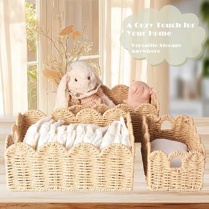 Scalloped Wicker Baskets, Set of 3 Hand-Woven Storage Baskets with Handles - Paper Rope Shelf Organizers & Decorative Baskets for Shelves, Closet, Bathroom (Beigeï¼