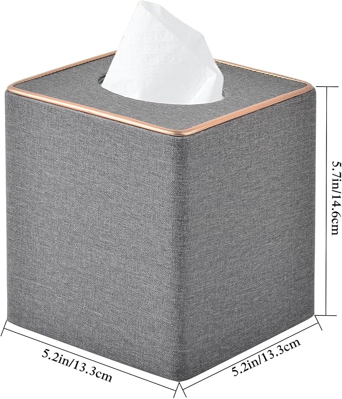 Linen Square Tissue Box Holder Cube Tissue Box Coverï¼Rosegold Leather Recorate,Napkin Holder Case Dispenser, Tissue Holders with Magnetic Bottom for Home Office Car Hotel Restaurant,Grey