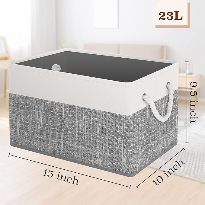 Storage Bin,Collapsible Storage Basket For Organizing,Large Storage Boxes With Rope Handles,Storage Containers,White & Grey,8 Pack