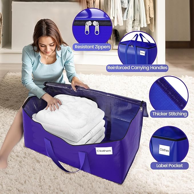 Moving Storage Bags, Moving Supplies Packing Boxes for Moving, Camping, College Dorm Room Essentials for Girls, Blue Tote Bags, Heavy-Duty Storage Bins With Lids And Zippers, 76L 8Pack