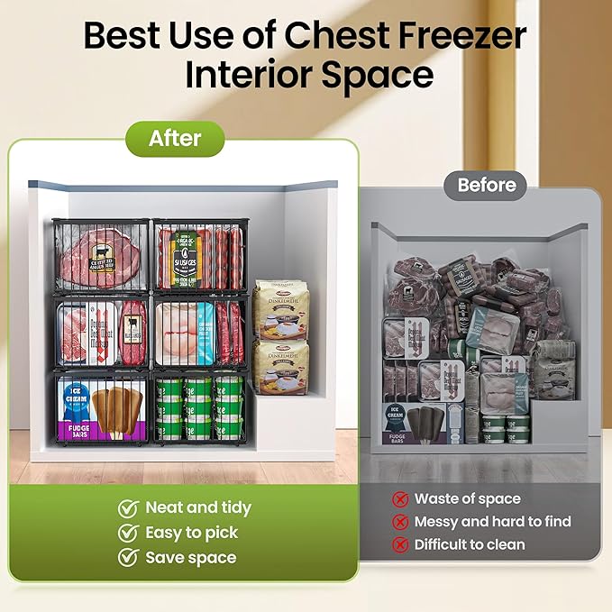 Freezer Organizer Bins, 3 Pack Big Stackable Deep Chest Freezer Organizer Bins, Foldable Baskets with Handles, Black Storage Container Baskets for 5 to 9 Cu.FT Deep Freezer Sort Frozen Meats