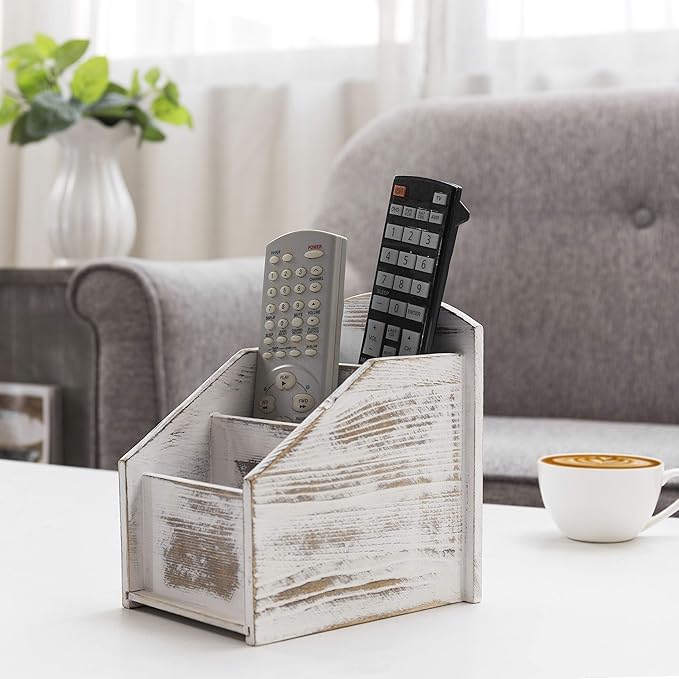 MyGift TV Remote Control Holder, Modern Farmhouse Decor, Whitewashed Wood Media Remote Caddy/Organizer/Storage Box with 3 Compartments, for Living Room, Coffee Table