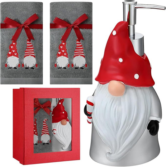 Christmas Soap Dispenser and Towel Set Gnome Hand Soap Dispenser with 2 Hand Towels Refillable Lotion Essential Oil Dispensers with Pump for Christmas Bathroom Kitchen