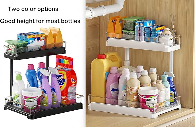heart & home 2-Pack Under Sink Storage Organizer for Kitchen & Bathroom Cabinets with Removable Washable Tray, Tool-Free Assembly â Multi-Purpose for Vanity, Laundry & Countertop, Black