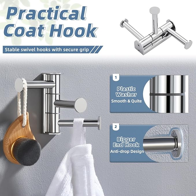 APLusee Triple Swivel Coat Hook, 304 Stainless Steel Polished Chrome Towel Hook for Bathroom with Multi 3 Arms, Wall Mounted