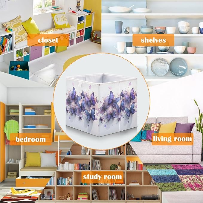 Bolaz Butterflies Purple Watercolor Closet Organizers Storage Cubes Storage Bins Shelf Baskets Containers for Home Room Office,Square