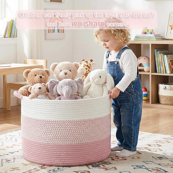 100L Large Cotton Rope Basket, Decorative Woven Blanket Storage for Living Room, Boho Toy Storage & Toy Box for Kids, Versatile Laundry Basket & Nursery Hamper for Blankets(Pink)