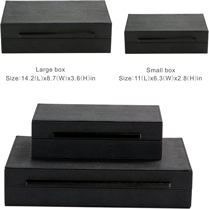 Set of 2 Decorative Boxes With Black Metal Handlesï¼PU Faux Leather Jewelry Boxes Modern Storgage Boxes With Lids Keepsake And Memory Boxes,Home Organizer Box (Black-Black, 2pack)
