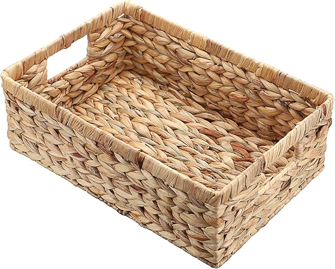 Woven Open Storage Bins Large Wicker Shelf Basket with Built-in Handles Natural Water Hyacinth Storage Baskets for Toiletries Books Fruits Organizing,15 x 10.2 x 5 inches