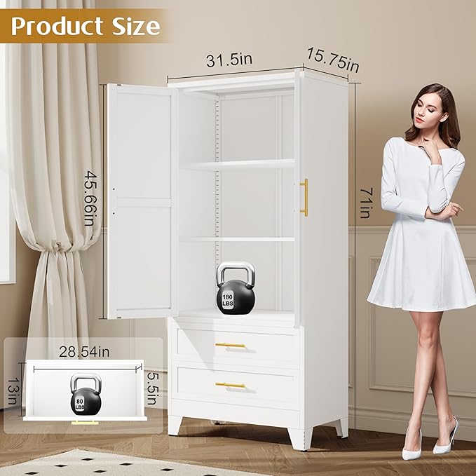 71" Tall Metal Pantry Cabinet, Steel Storage Cabinets with 2 Doors, 2 Adjustable Shelf and 2 Drawers, Used as Kitchen Cabinet, Freestanding Cupboard for Kitchen, Office, Living Room (White)