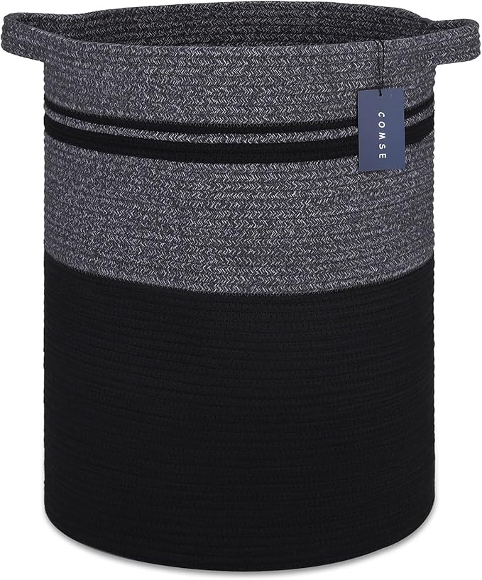 COMSE Extra Large Blanket Basket, Tall Laundry Basket, Nursery Hamper, 15.7âx 21.7â, Cotton Rope Woven Laundry Hamper for Storage Toys Clothes Towels, Black