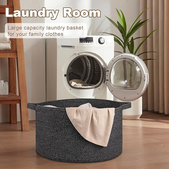 Large Woven Baskets for Storage, 22.8" x 22.8" x 13" Blanket Storage Living Room, Baby Toy Basket for Clothes, Pillows, Towels, Shoe Basket for Entryway (Black)