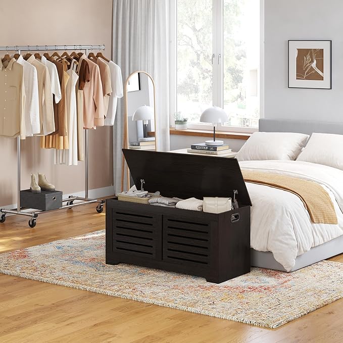 DINZI LVJ Storage Chest, 43.3â Wooden Toy Box with 2 Safety Hinges, Retro Entryway Shoe Storage Bench with Flip-Top, Sturdy Large Storage Trunk for Living Room, Bedroom, Easy Assembly, Espresso