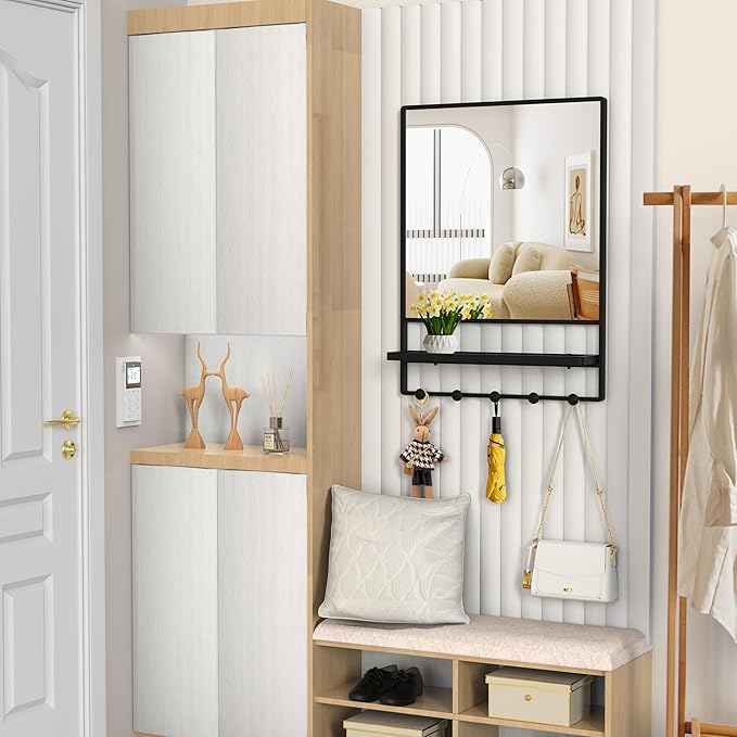 WONSTART Wall Mirror with Shelf and Hooks,Vanity Mirror with Hooks, 21 X 28 inch Metal Framed Bathroom Mirror with Shelf for Bathroom, Entryway, Bedroom, Living Room (Black, 21" x 28")