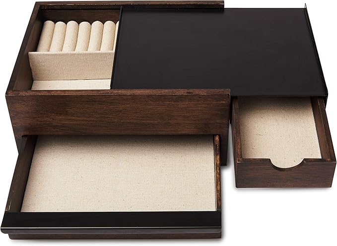 Umbra Stowit Jewelry Box - Modern Keepsake Storage Organizer with Hidden Compartment Drawers for Ring, Bracelet, Watch, Necklace, Earrings, and Accessories, Black/Walnut