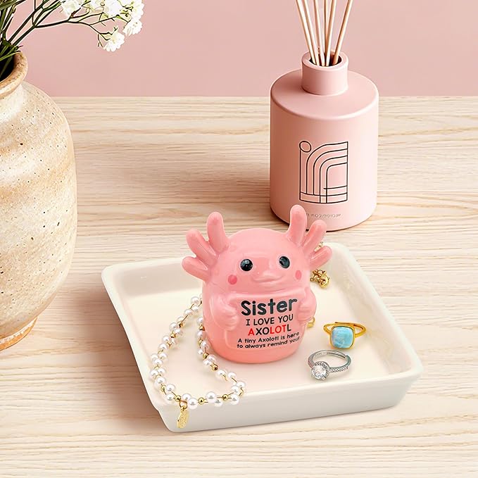 Sister Birthday Gifts for Sister, Axolotl Ring Holder Dish Jewelry Holder for Rings Bracelets Earrings Pink Room Decor Athestic Organiser, Mother's Day Birthday Wedding Valentine's Gifts for Women