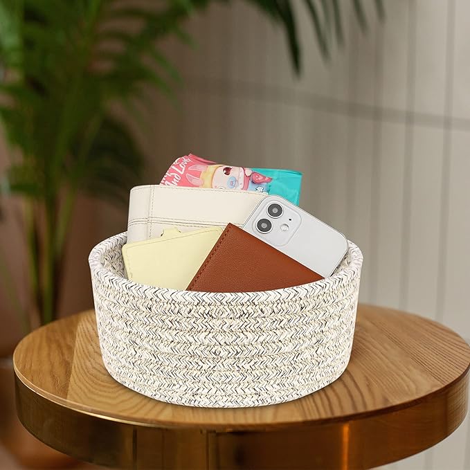 ABenkle Small Woven Basket, Empty Tiny Shallow Storage Basket, Mini Cotton Rope Baskets, Round Decorative Hamper, Basket Storage Bins for Toys, Spa, Socks, Nursery, Living Room- Mixed Brown