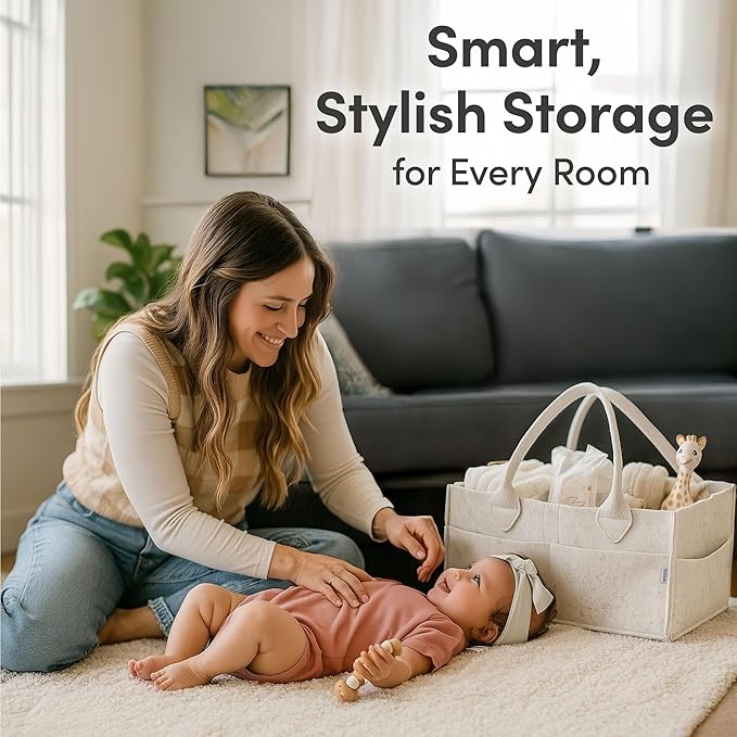 PUTSKA Baby Diaper Caddy Organizer - Nursery Storage Basket for Diaper Station, Baby Basket Shower List and Registry Gift Must-Haves, Newborn Essentials, Nursery Decor for Boy or Girl - White, Regular