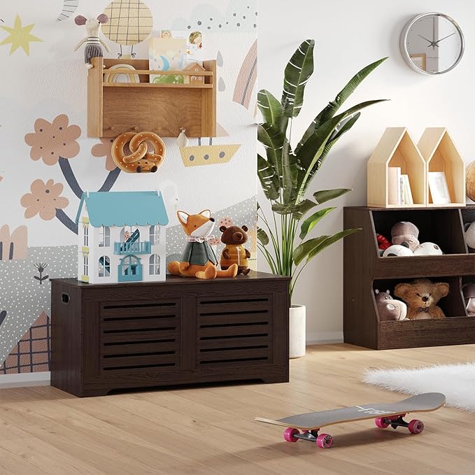 DINZI LVJ Storage Chest, 43.3â Wooden Toy Box with 2 Safety Hinges, Retro Entryway Shoe Storage Bench with Flip-Top, Sturdy Large Storage Trunk for Living Room, Bedroom, Easy Assembly, Espresso