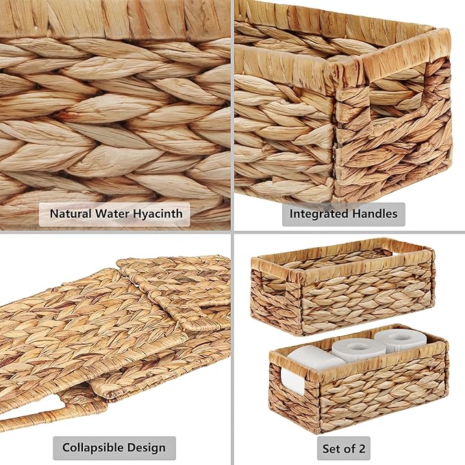 Vagusicc Water Hyacinth Storage Basket Wicker Baskets for Organizing with Handles Decorative Storage Bins for Countertop Toilet Paper Basket for Toilet Tank Top Small Baskets (11.4x6.1x4.6 in, 2 Pack)