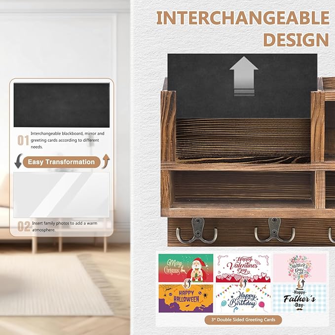 Key Holder Wall Mount, Wooden Mail and Key Organizer with Chalkboard and Mirror, 3 Greeting Cards, 8 Hooks, Brown, Type 2
