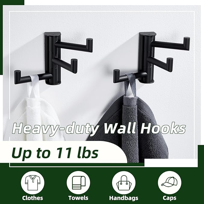 APLusee Matte Black Swivel Towel Hooks for Bathroom 2 Pack, 304 Stainless Steel Foldable Coat Hooks with Multi 3 Arms, Heavy Duty Robe Towel Holders Wall Mounted