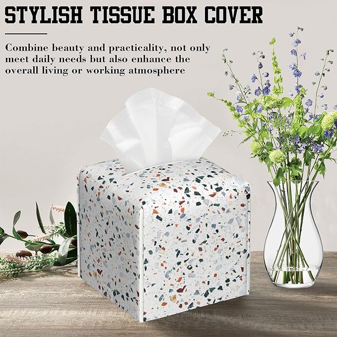 Tissue Box Cover Terrazzo Marble Tile Leather Tissue Box Holder Cube Paper Case Cover Facial Paper Organizer Dispenser for Bathroom, Vanity Countertop, Office Desk