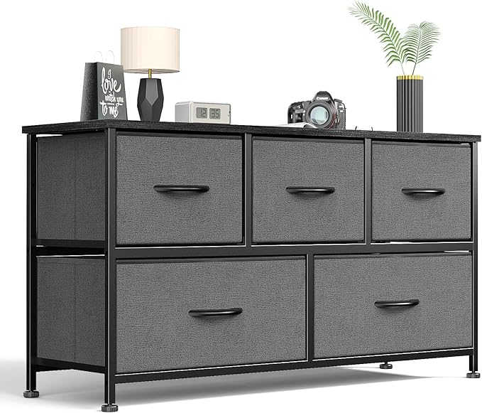 Sweetcrispy Dresser for Bedroom 5 Drawer Chest Tower, Small Storage Organizer Units Kidsroom, Living Room, Closet, Wooden Top Steel Frame & Fabric Bins, Lightweight TV Furniture, Clothing Cabinet