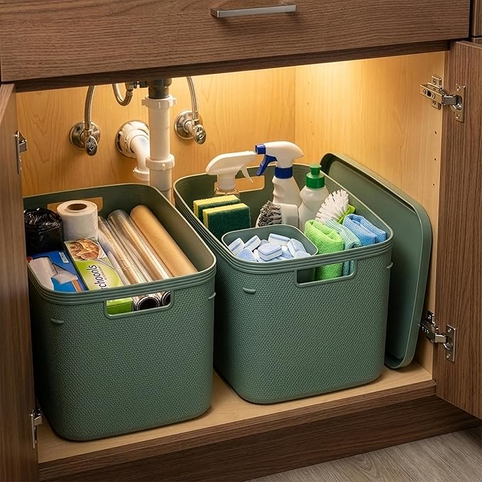 BINO | Plastic Storage Bins with Lids, 20 Liter - 3 Pack, Desert Green | THE TWILL COLLECTION | Plastic Bins for Organization | Woven Storage Baskets for Organizing | Pantry Shelf Organizer Basket Bin
