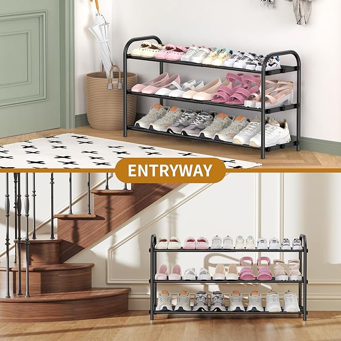 3-Tier Expandable Shoe Rack for Entryway，Adjustable Metal Shoe Organizer for Closet,Living Room,Dorm,Black