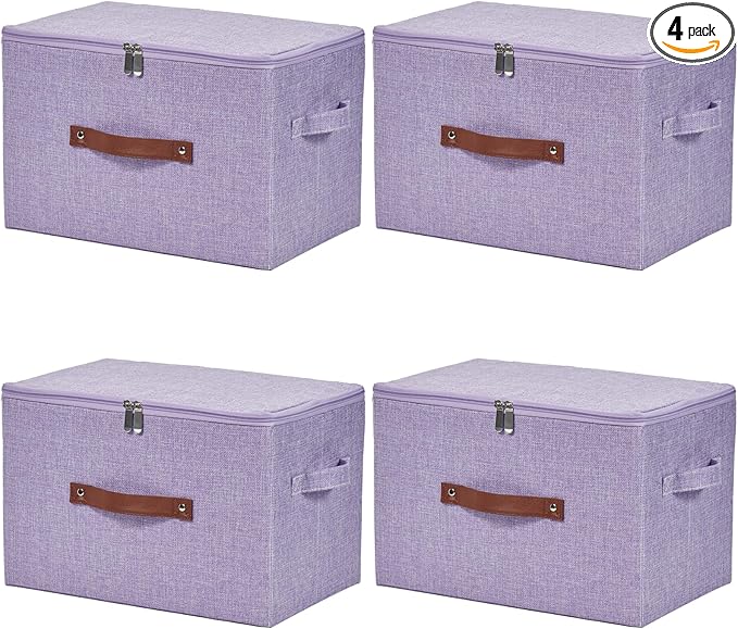 4 Pack Storage Bins with Zipper Lid Cotton Linen Fabric Lidded Storage Baskets Boxes Foldable Washable Closet Shelf Clothes Organizer Container with PU Leather Handles (Purple, Large)
