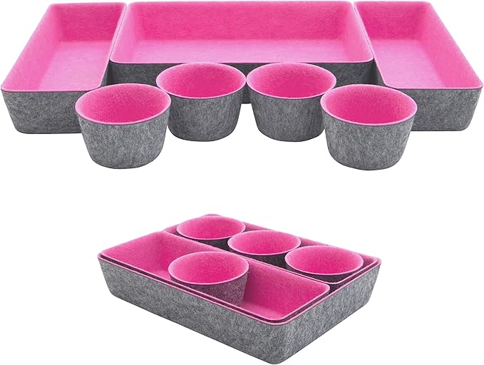 Teeo - Desktop Storage Drawers - Makeup Organizer Drawers - Office Drawer Organizer Tray - Pink Organizers and Storage - Home Desk Bins Dividers Box Compartment Organization - Pack of 7, Hot Pink