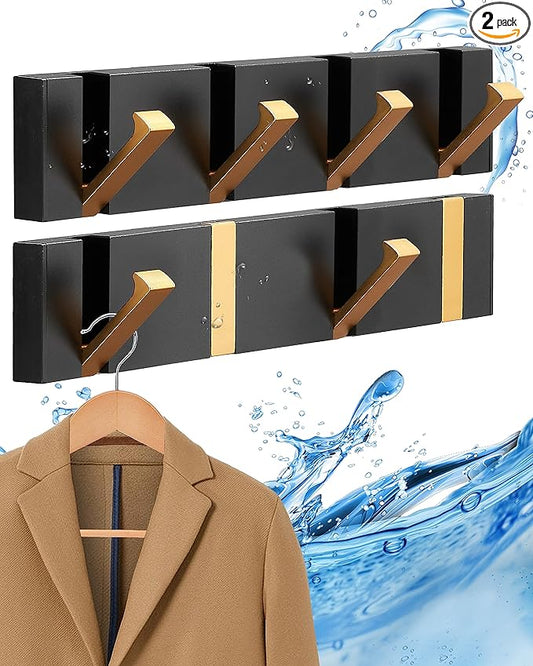 2 Pack，Elegant Black Gold Waterproof Wall Hooks, Foldable Towel Hooks for Bathrooms - Stylish Coat Hooks Wall Mounted-Ideal for Bathroom, Kitchen, Balcony Décor-Space-Saving Storage Solution