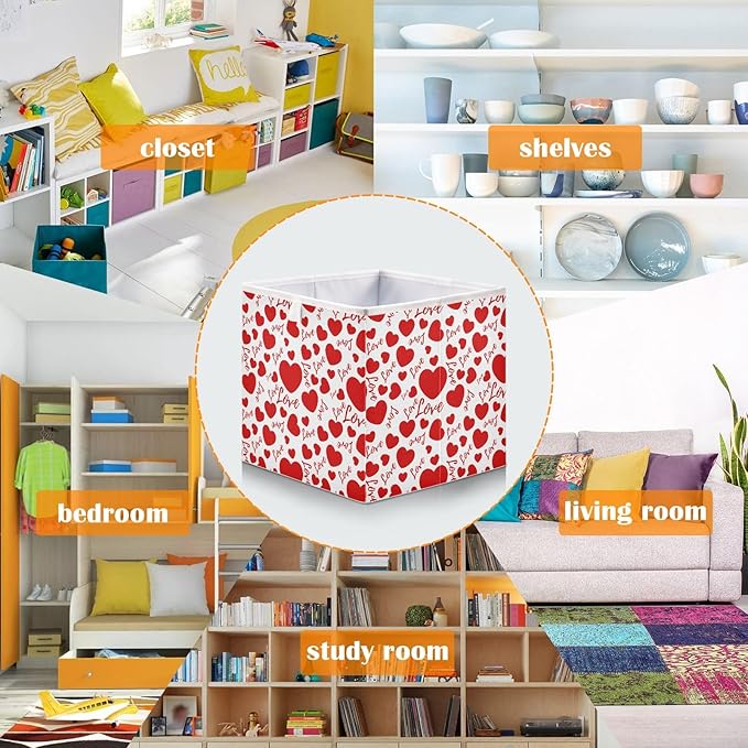Bolaz Valentines Hearts and Love Closet Organizers Storage Cubes Storage Bins Shelf Baskets Containers for Home Room Office,Square
