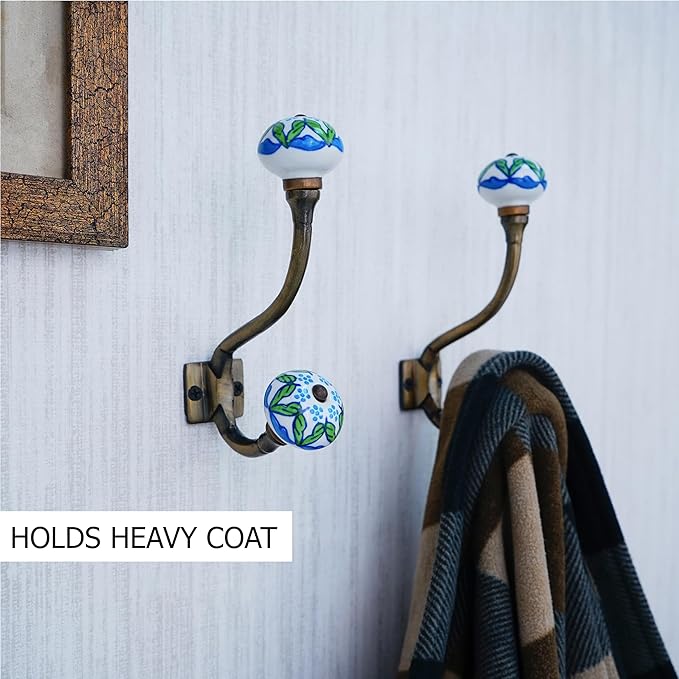 Indian Shelf Pack of 12 Heavy Duty Double Prong Multicolor Decorative Coat Hooks Unique Coat Rack Wall Mount Ceramic Wall Hooks for Hanging Towel Holder Backpack Purse Hanger- Style 10